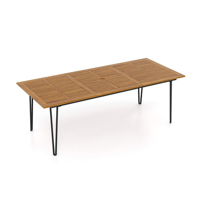 Mesa de comedor rectangular de exterior de 63 pulgadas para 6 personas con tablero de madera de acacia y orificio para sombrilla de 63 pulgadas