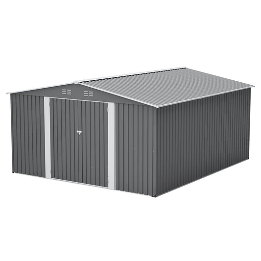 12×14 ft outdoor metal storage shed by HouseOfZazla; gray corrugated steel panels, white trim, front double doors on Tampa Home & Garden Store
