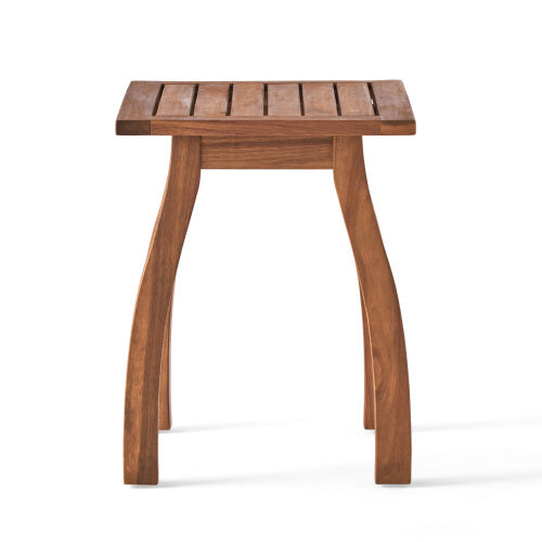 Acacia wood outdoor end table with slatted top and curved legs on Tampa Home & Garden Store