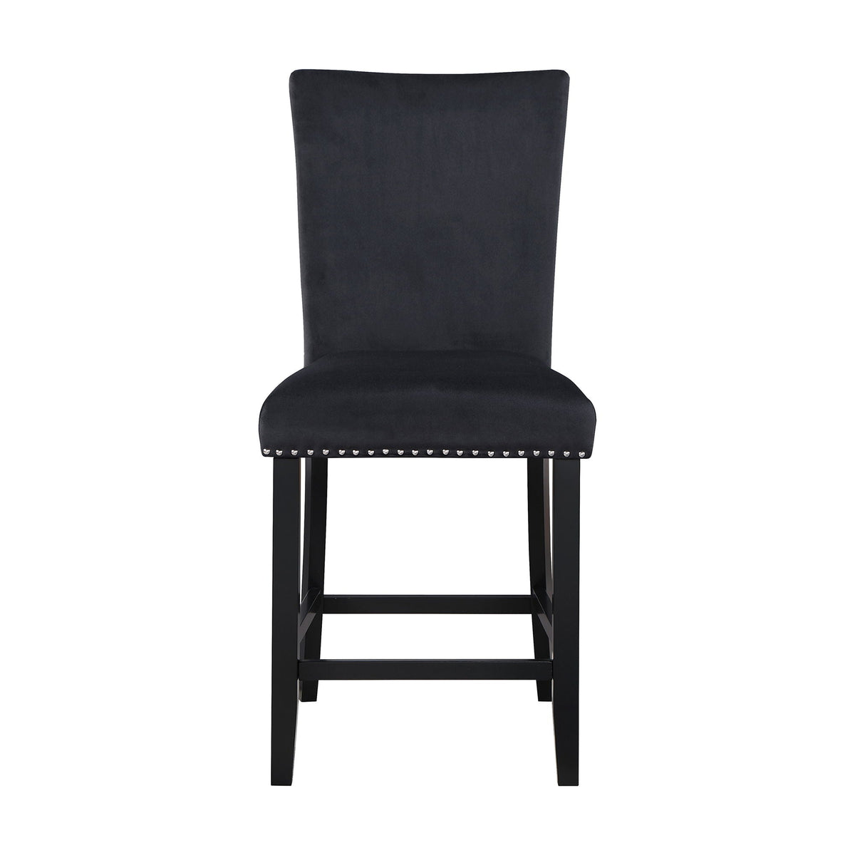 Bar stool in black upholstered fabric with studded trim and square black legs on Tampa Home & Garden Store
