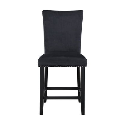 Bar stool in black upholstered fabric with studded trim and square black legs on Tampa Home & Garden Store