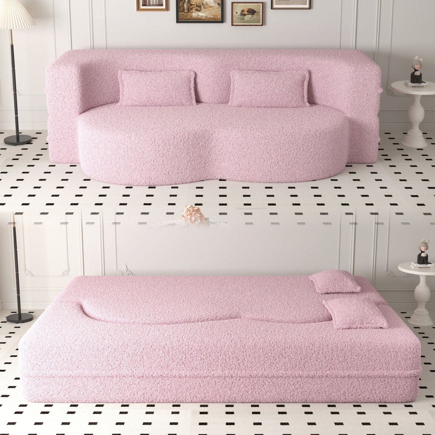Futon sofa HouseOfZazla Modern Floor Sofa with two pink teddy-fabric pillows on Tampa Home & Garden Store