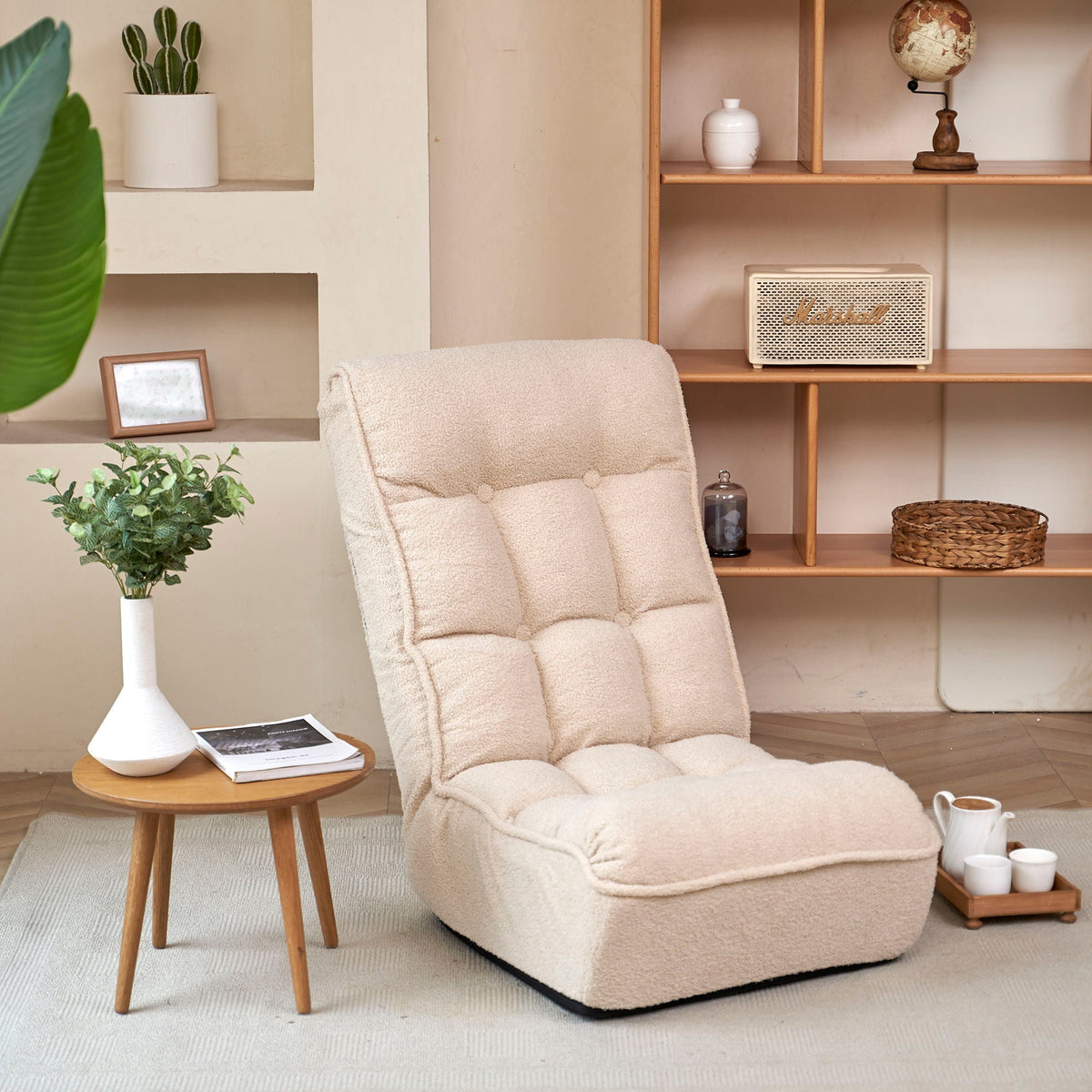 Reclining Japanese Chair Lazy Sofa Tatami Balcony Adjustable Chair in beige fabric on Tampa Home & Garden Store