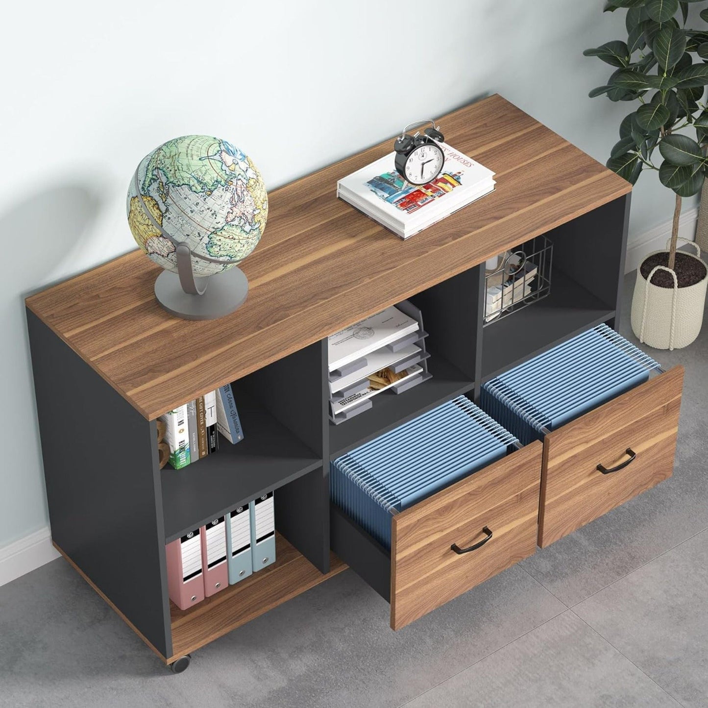 HouseOfZazla L-shaped executive desk in brown wood with black base and mobile file cabinet on Tampa Home & Garden Store