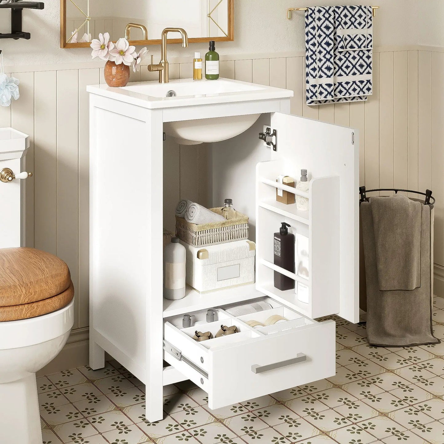 Bathroom Vanity Ceramic Sink and Divider Drawer