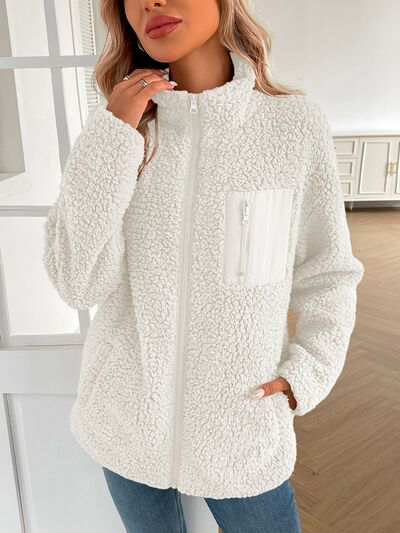 Stevvex white sherpa zip-up jacket with stand collar and chest zip pocket, cozy fleece coat on Tampa Home & Garden Store
