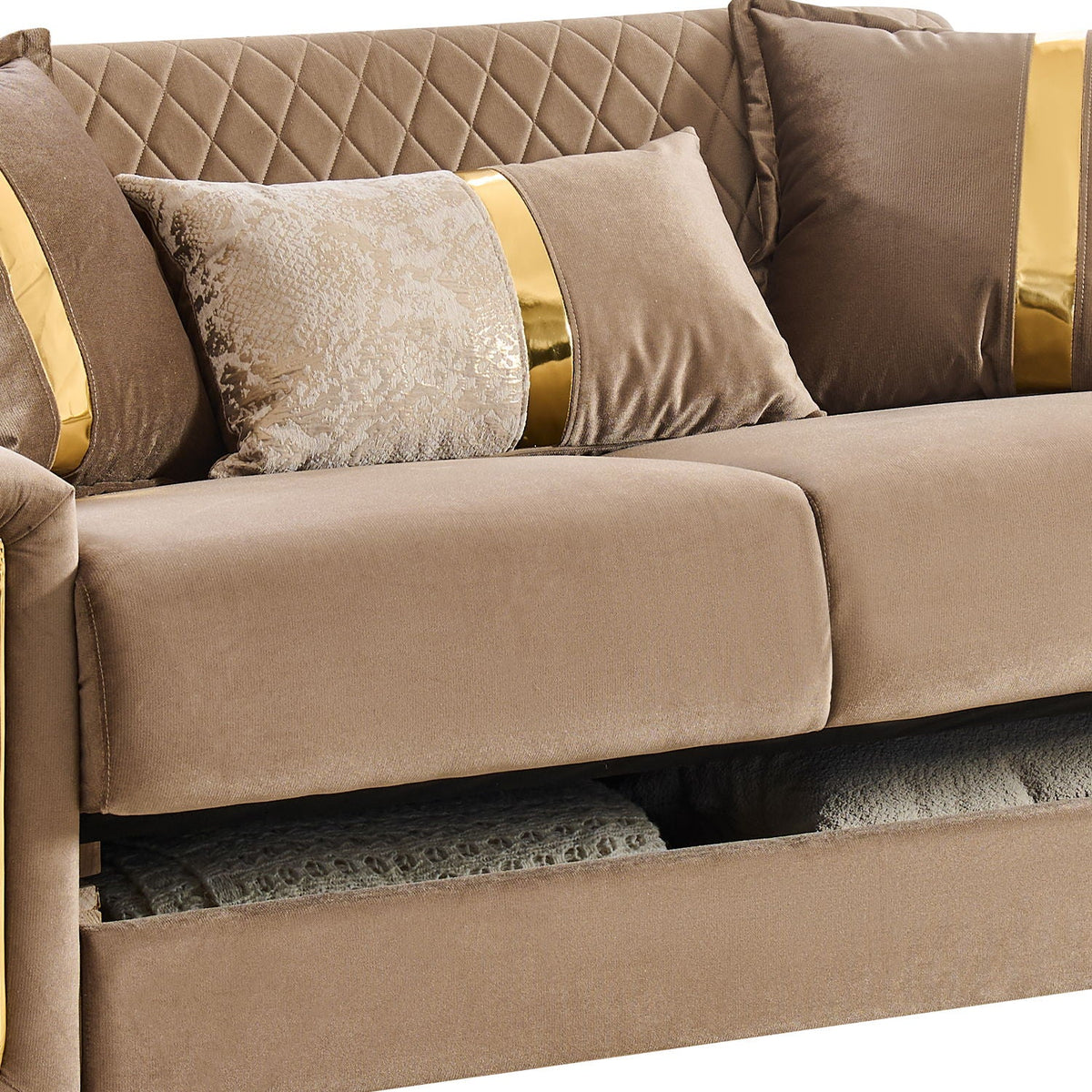 Beige upholstered living room sofa with gold-tone legs and quilted back by HouseOfZazla on Tampa Home & Garden Store