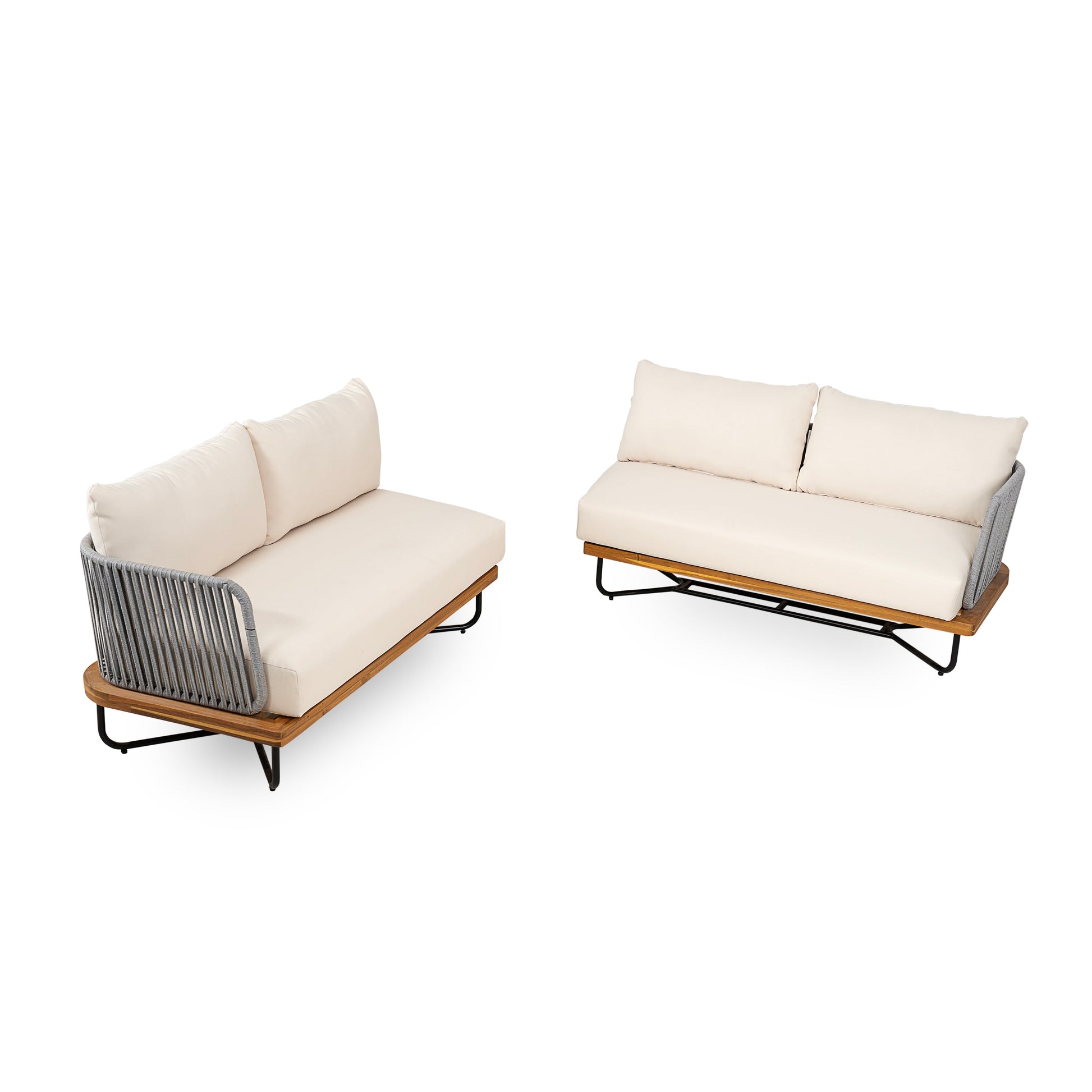 Lucca Outdoor Acacia Wood Rope Woven Sofa Sectional Set with beige cushions, 2-piece seating on Tampa Home & Garden Store