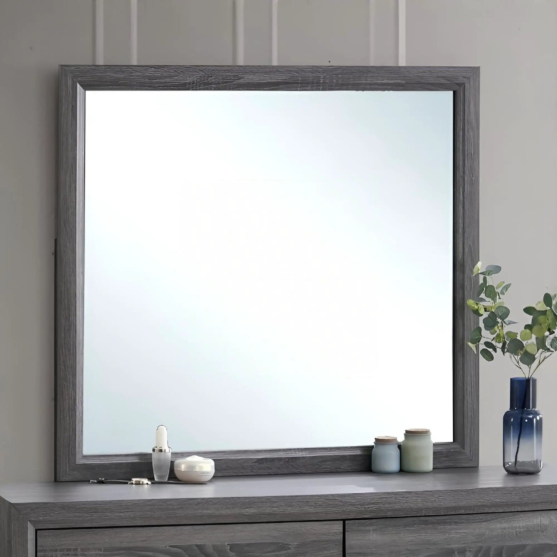 Glasgow mirror with minimalist gray wood frame and low-distortion glass on a dresser on Tampa Home & Garden Store