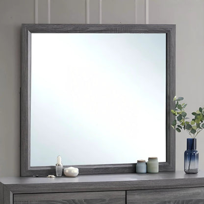Glasgow mirror with minimalist gray wood frame and low-distortion glass on a dresser on Tampa Home & Garden Store