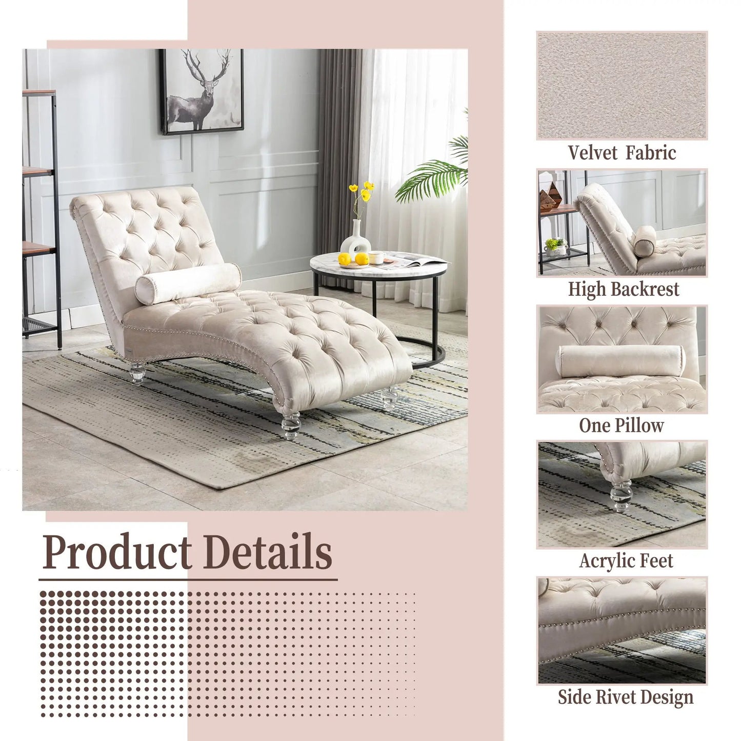 Indoor Chaise Lounge With Button Tufted Pillow