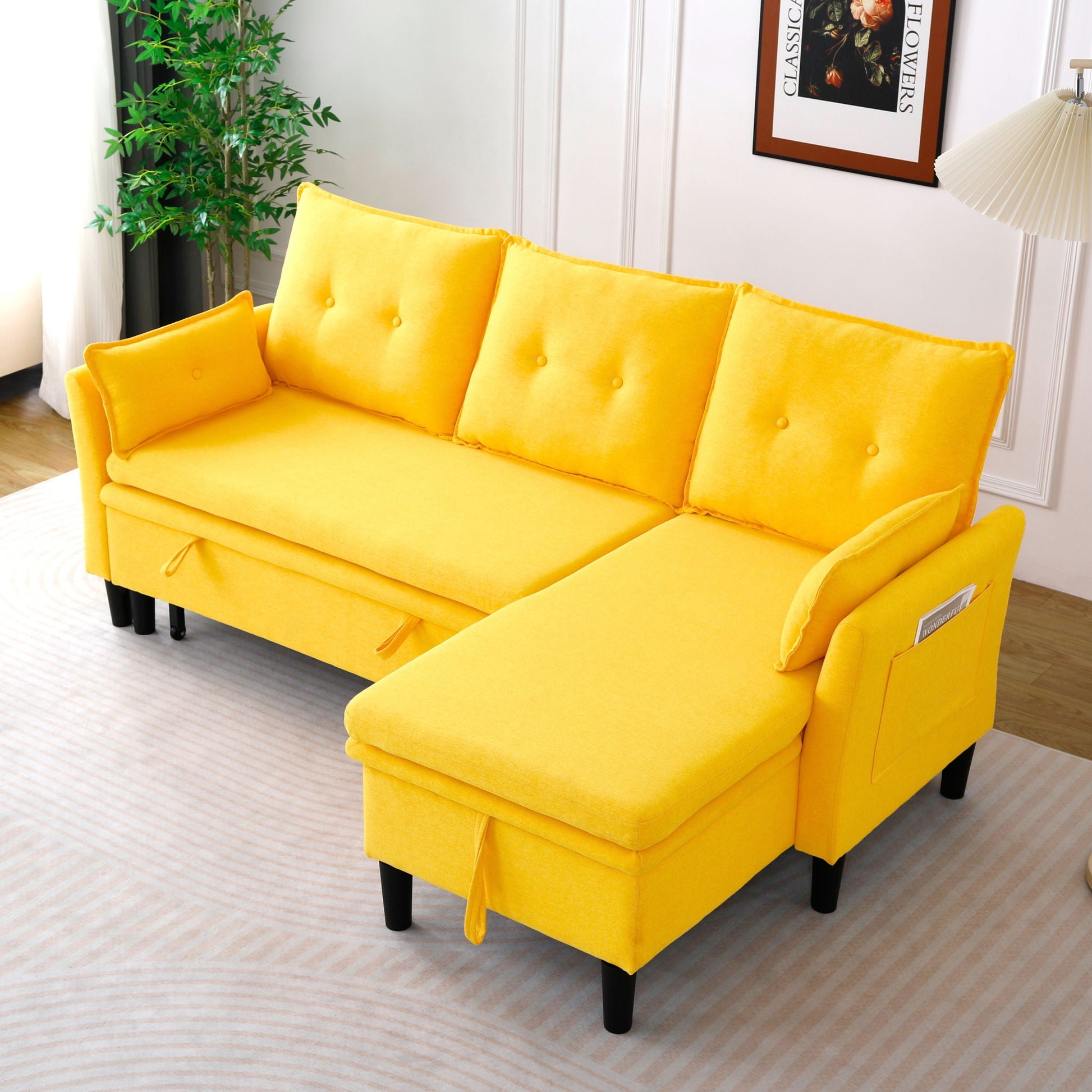 L-shaped reversible chaise sectional sofa with storage in yellow velvet by HouseOfZazla on Tampa Home & Garden Store