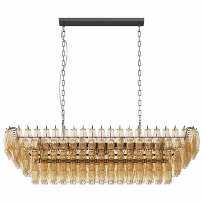 54-inch black rectangular 12-light chandelier with smoke amber glass shades on black chains on Tampa Home & Garden Store