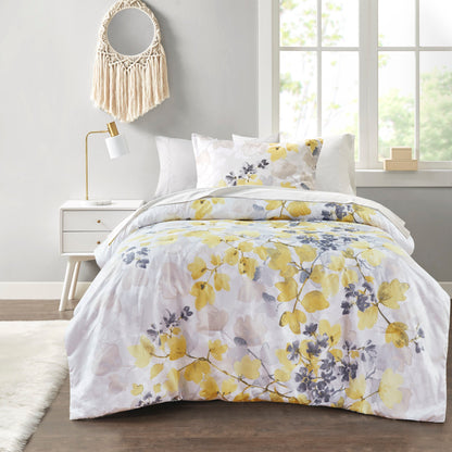 Comforter Set with Bed Sheets by HouseOfZazla with white floral print in yellow gray lavender on Tampa Home & Garden Store