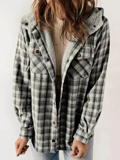 Stevvex plaid snap-down plush hooded jacket for women, gray/black plaid with soft plush lining on Tampa Home & Garden Store