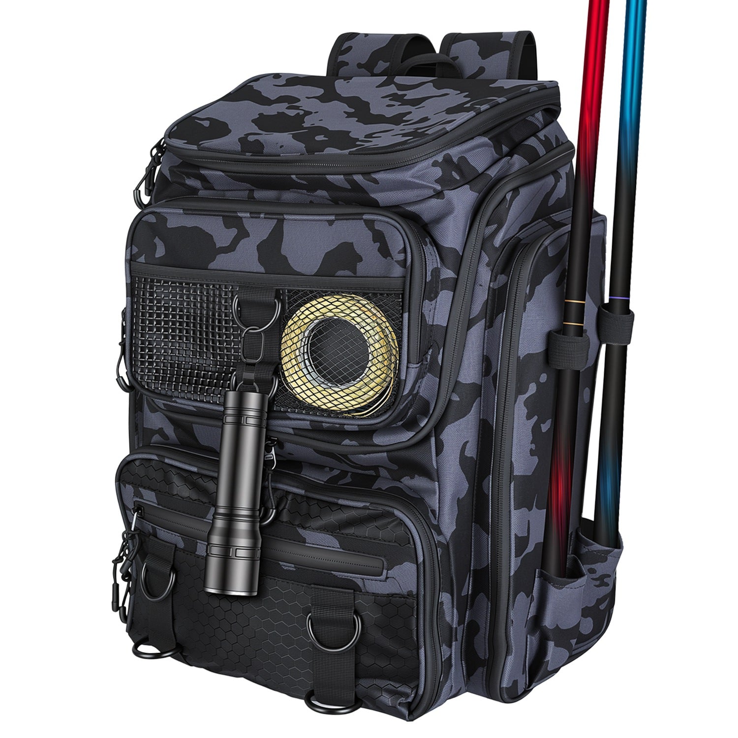 GemGear 42L fishing backpack with dual rod holders, camo pattern, 16 pockets, padded straps on Tampa Home & Garden Store