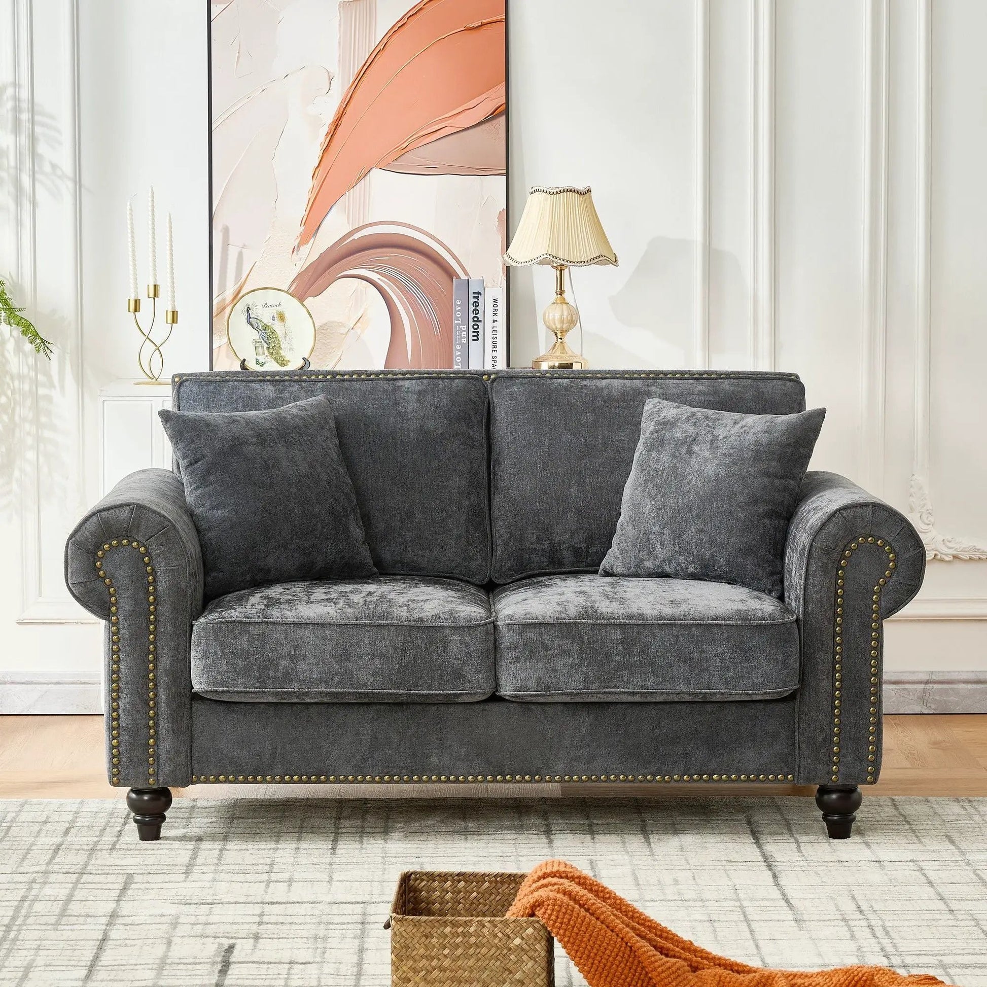 2 Seater velvet sofa with rolled arms, tufted gray upholstery, nailhead trim on Tampa Home & Garden Store