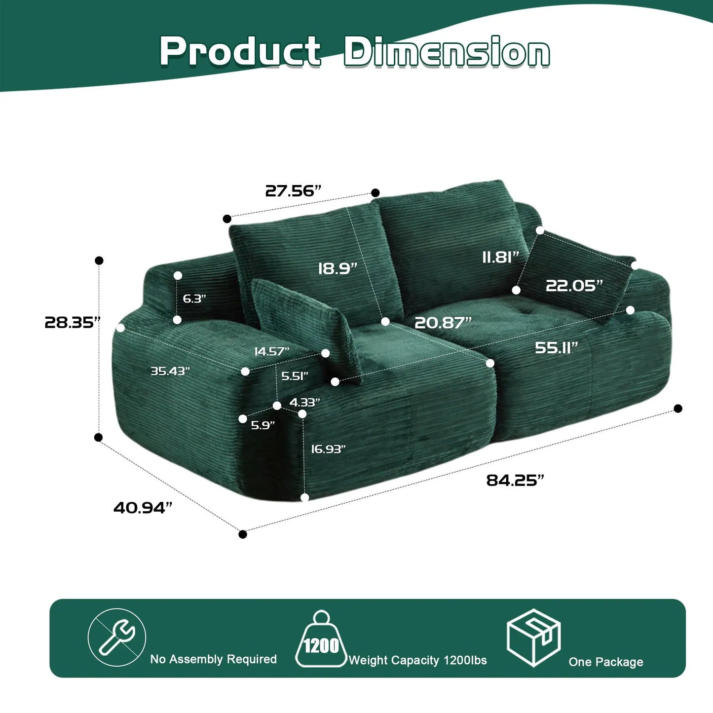 2 Seater Large Sectional Sofa green corduroy upholstery by Unique Piece Furniture on Tampa Home & Garden Store