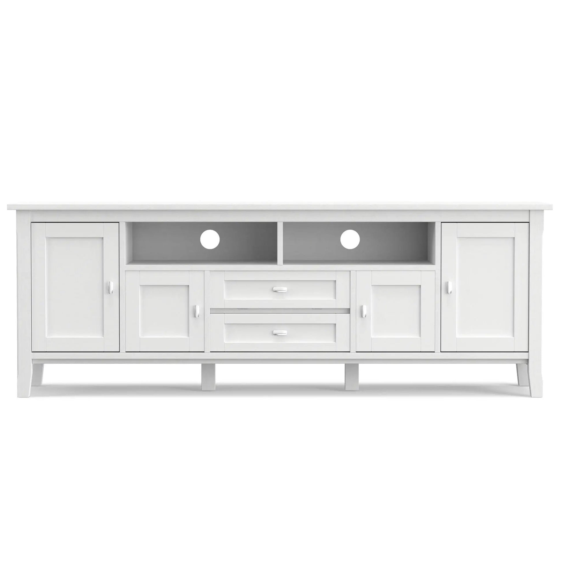 Warm Shaker TV media stand by Unique Piece Furniture, white wood with open cubbies on Tampa Home & Garden Store