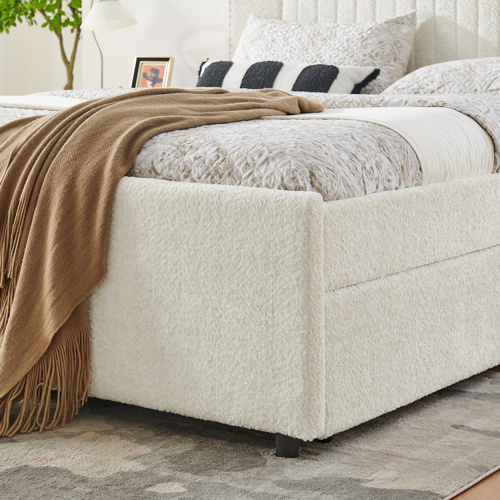 Queen Size vertical channel tufted upholstered bed with storage and trundle in cream fabric on Tampa Home & Garden Store