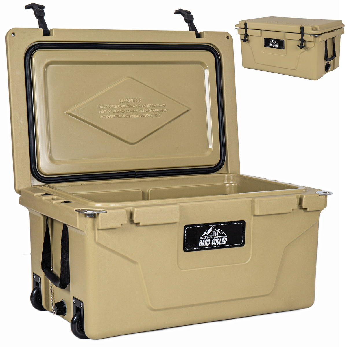 Khaki 65QT Ice Cooler Box with open lid, heavy-duty deck storage by HouseOfZazla on Tampa Home & Garden Store