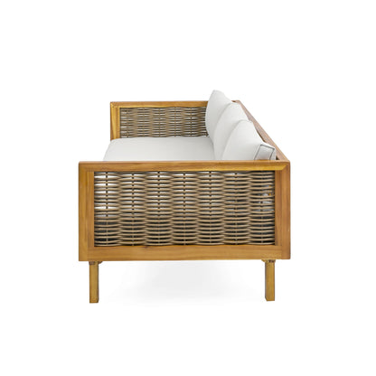 Claremont 3 Seater Daybed in teak acacia wood with woven back and water-resistant cream cushions on Tampa Home & Garden Store