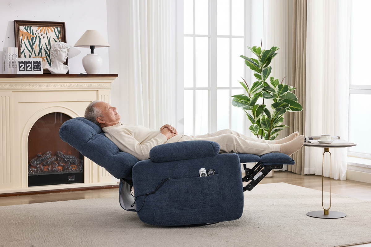 Heat Massage Recliner Chair in blue fabric with rocker and swivel by HouseOfZazla on Tampa Home & Garden Store