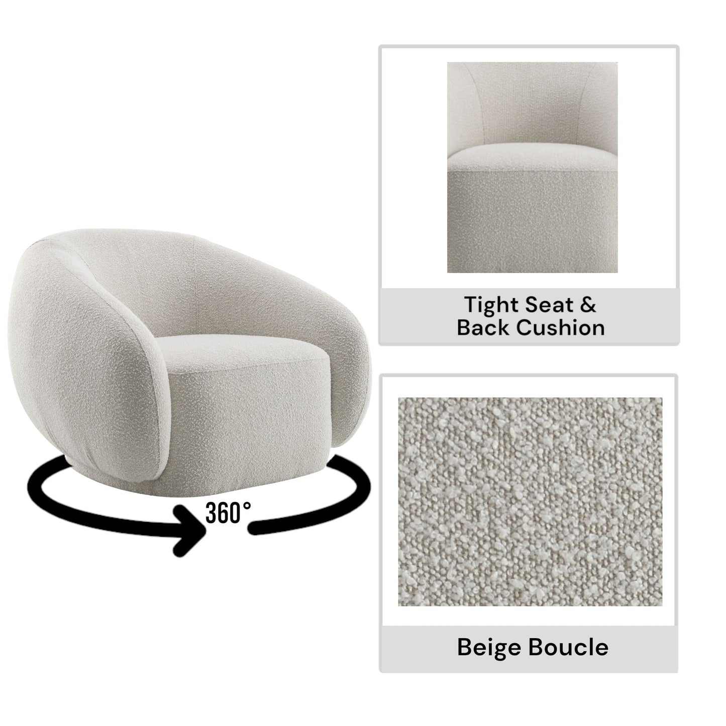 Isabel swivel armchair in beige boucle fabric by HouseOfZazla with 360° swivel base on Tampa Home & Garden Store