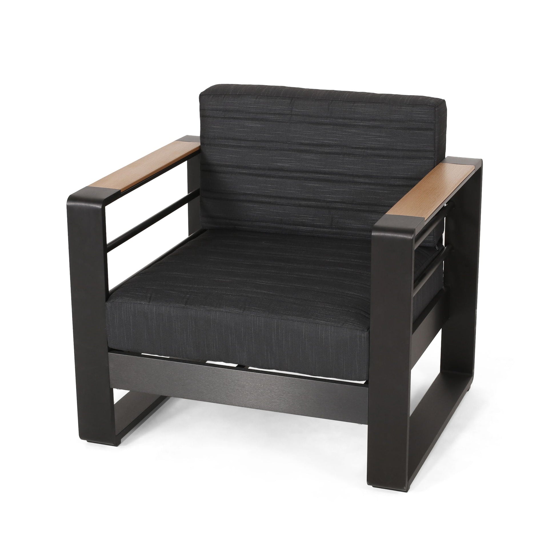 Giovanna Club Chair with aluminum frame, black striped outdoor cushion and wood armrests on Tampa Home & Garden Store