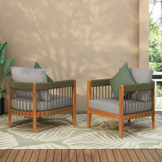 Set of 2 acacia wood outdoor club chairs with rope accents, grey cushions by HouseOfZazla on Tampa Home & Garden Store