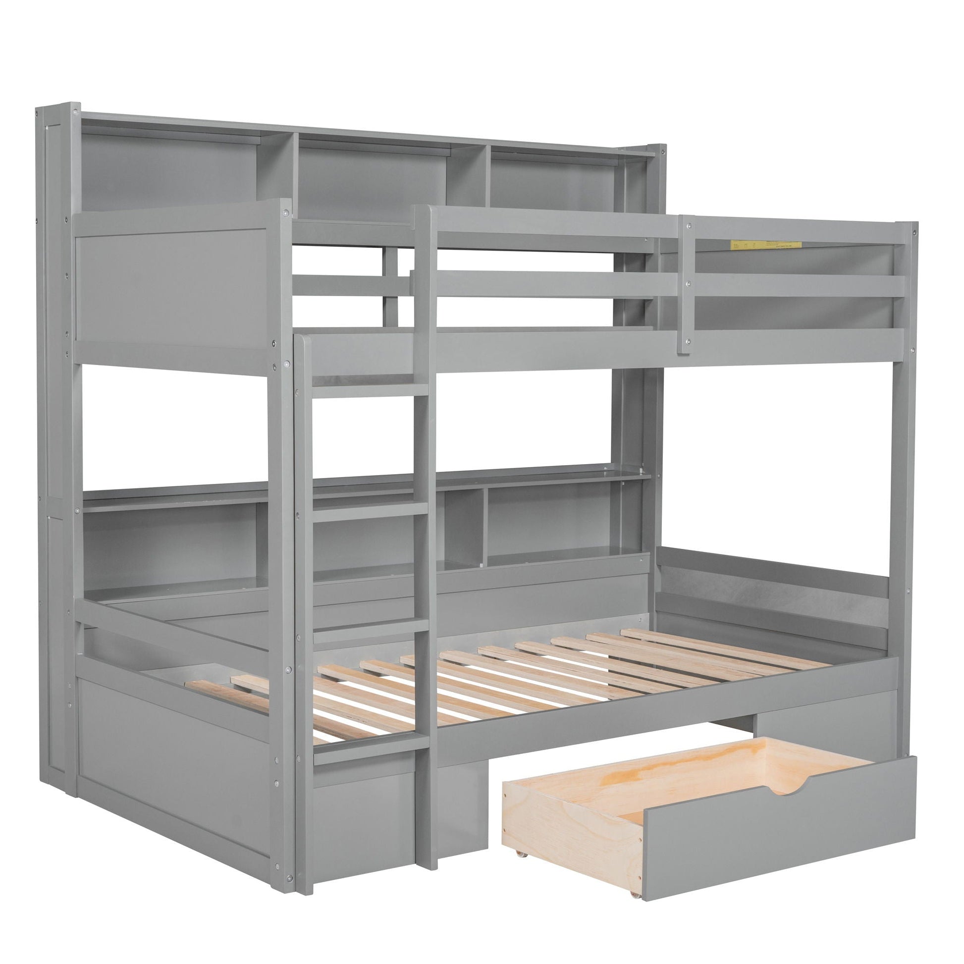 Twin size bunk bed with built-in shelves beside beds, storage drawer, HouseOfZazla on Tampa Home & Garden Store