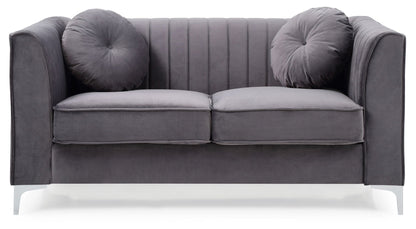 Glam Styled Micro Suede Loveseat gray with channel quilting and round bolster pillows on Tampa Home & Garden Store