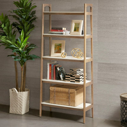 Off White & Natural Ladder Bookcase, 5-shelf solid wood frame by HouseOfZazla on Tampa Home & Garden Store