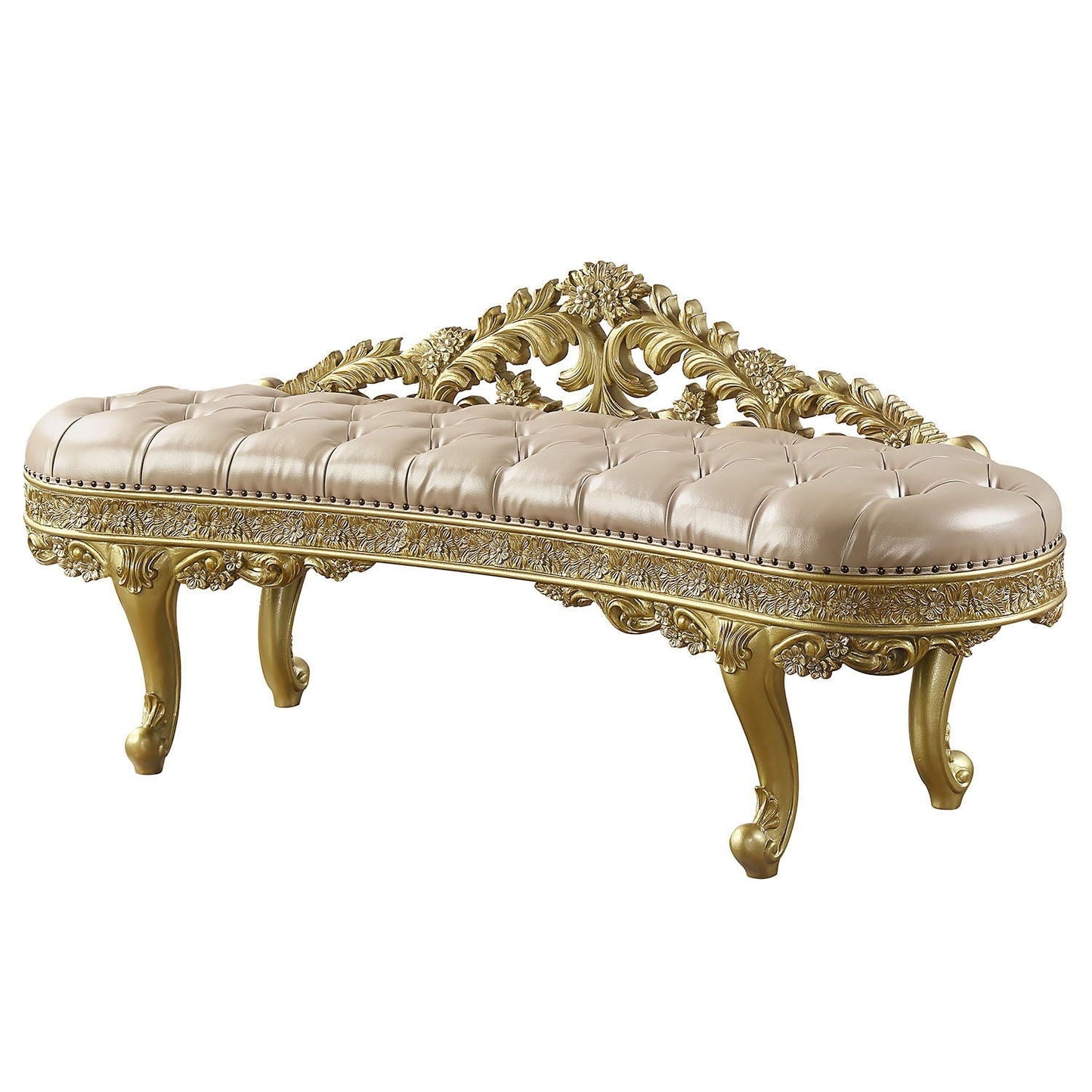 Cabriole upholstered bench beige synthetic leather with gold ornate frame HouseOfZazla on Tampa Home & Garden Store