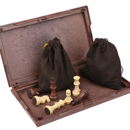 Chess set with magnetic pieces on a wood board in a brown case with beige and brown pieces on Tampa Home & Garden Store