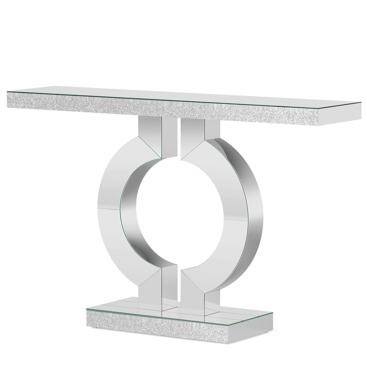 Mirrored console table with O-shaped silver base, glass top and glittery front panel on Tampa Home & Garden Store
