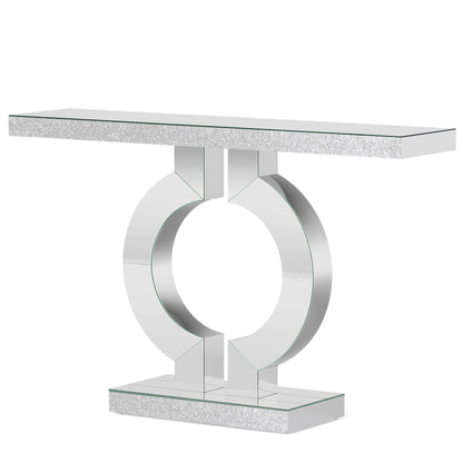 Mirrored console table with O-shaped silver base, glass top and glittery front panel on Tampa Home & Garden Store