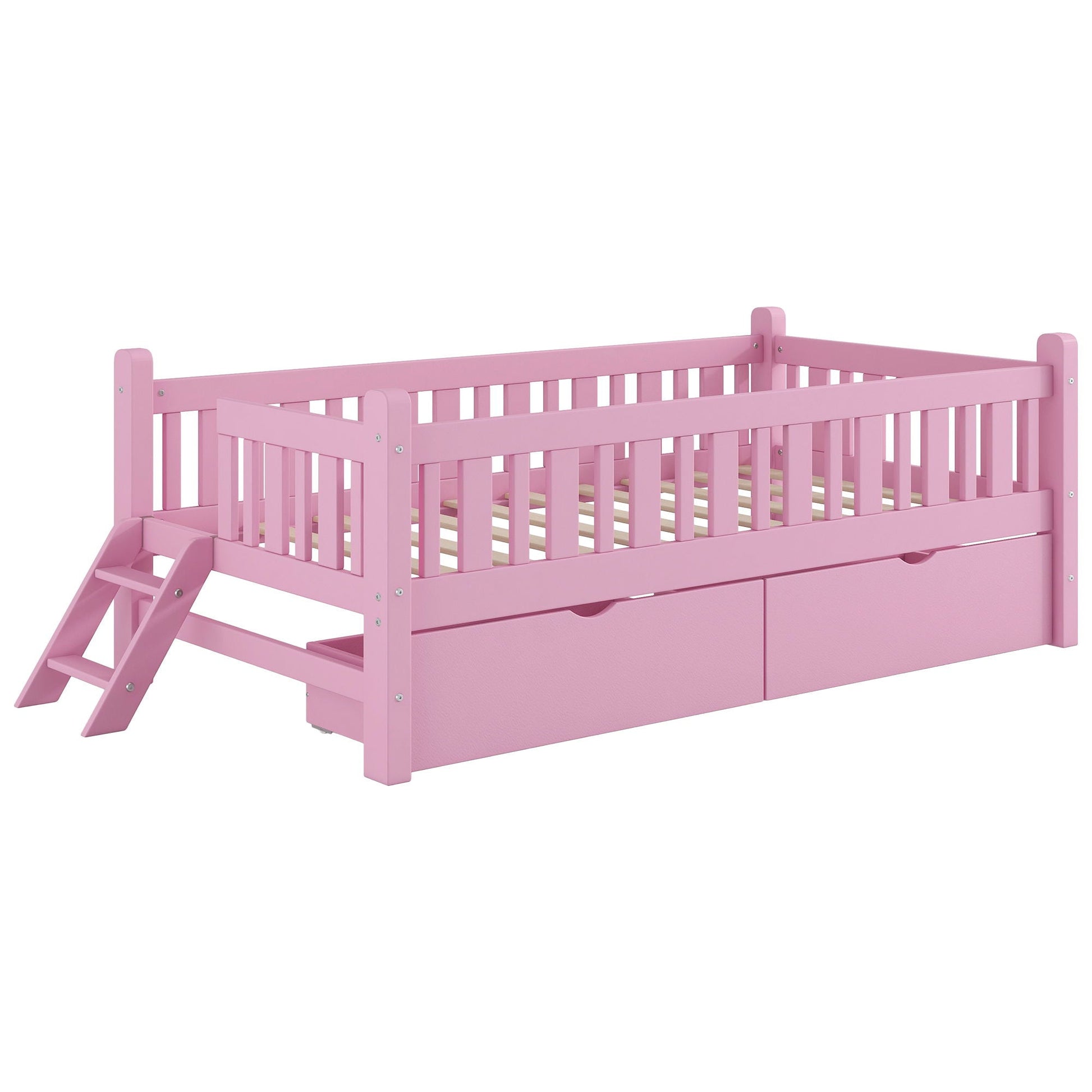 Platform bed with guardrails and 2 drawers in pink, HouseOfZazla storage bed on Tampa Home & Garden Store