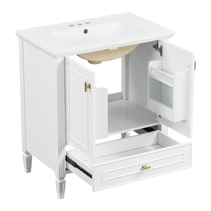 Freestanding vanity with drawer and soft-close doors, white finish, gold hardware on Tampa Home & Garden Store