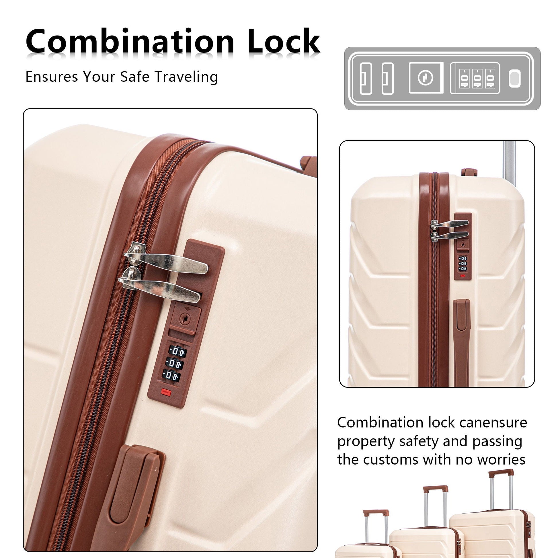 HouseOfZazla 3-piece spinner wheel luggage set in beige with brown trim and combo lock on Tampa Home & Garden Store