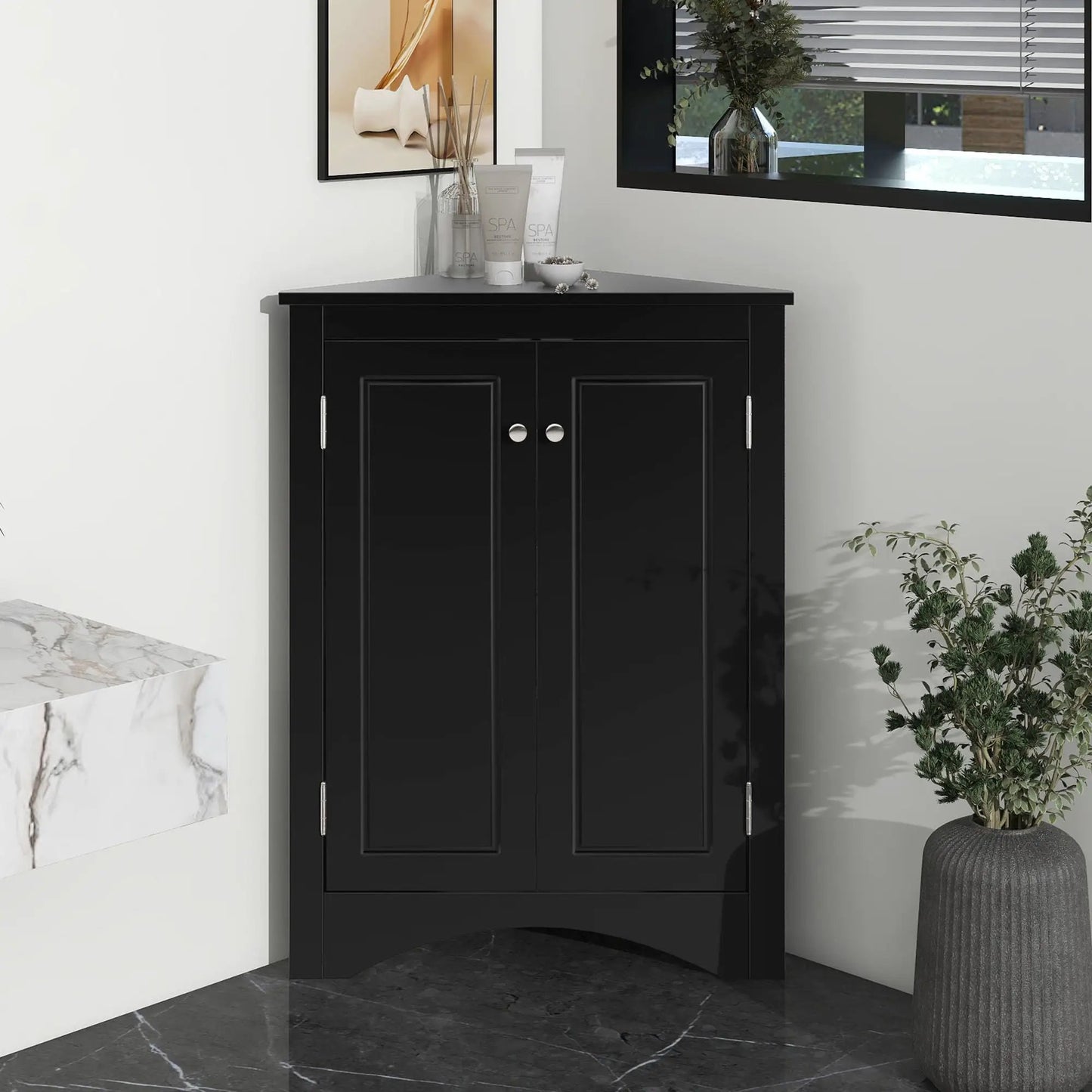 Triangle linen storage cabinet black with adjustable shelves Unique Piece Furniture on Tampa Home & Garden Store