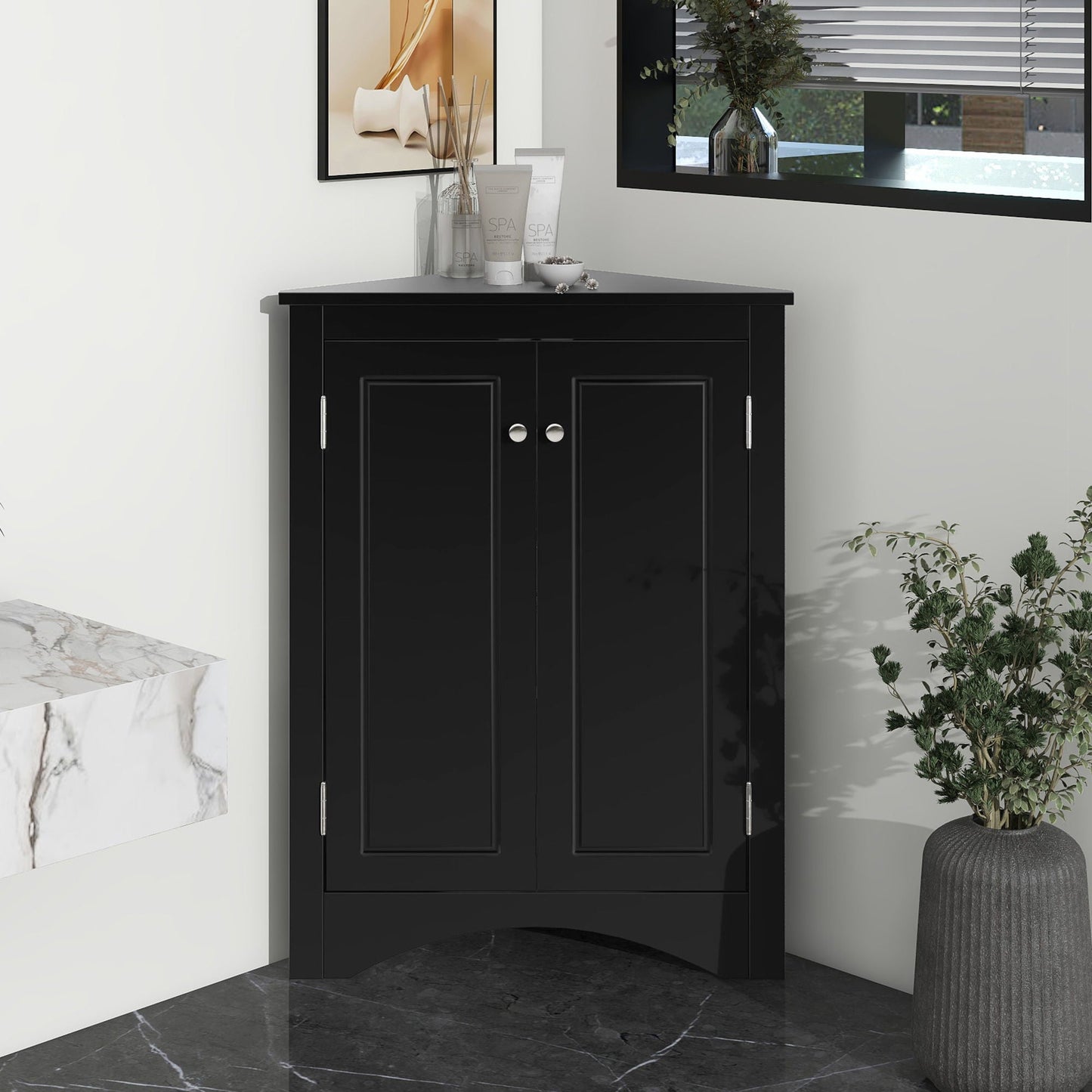 Triangle bathroom linen cabinet with adjustable shelves black freestanding cabinet HouseOfZazla on Tampa Home & Garden Store