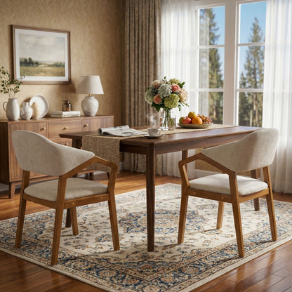Indoor Upholstered Dining Armchairs set of 2 beige fabric with teak legs HouseOfZazla on Tampa Home & Garden Store