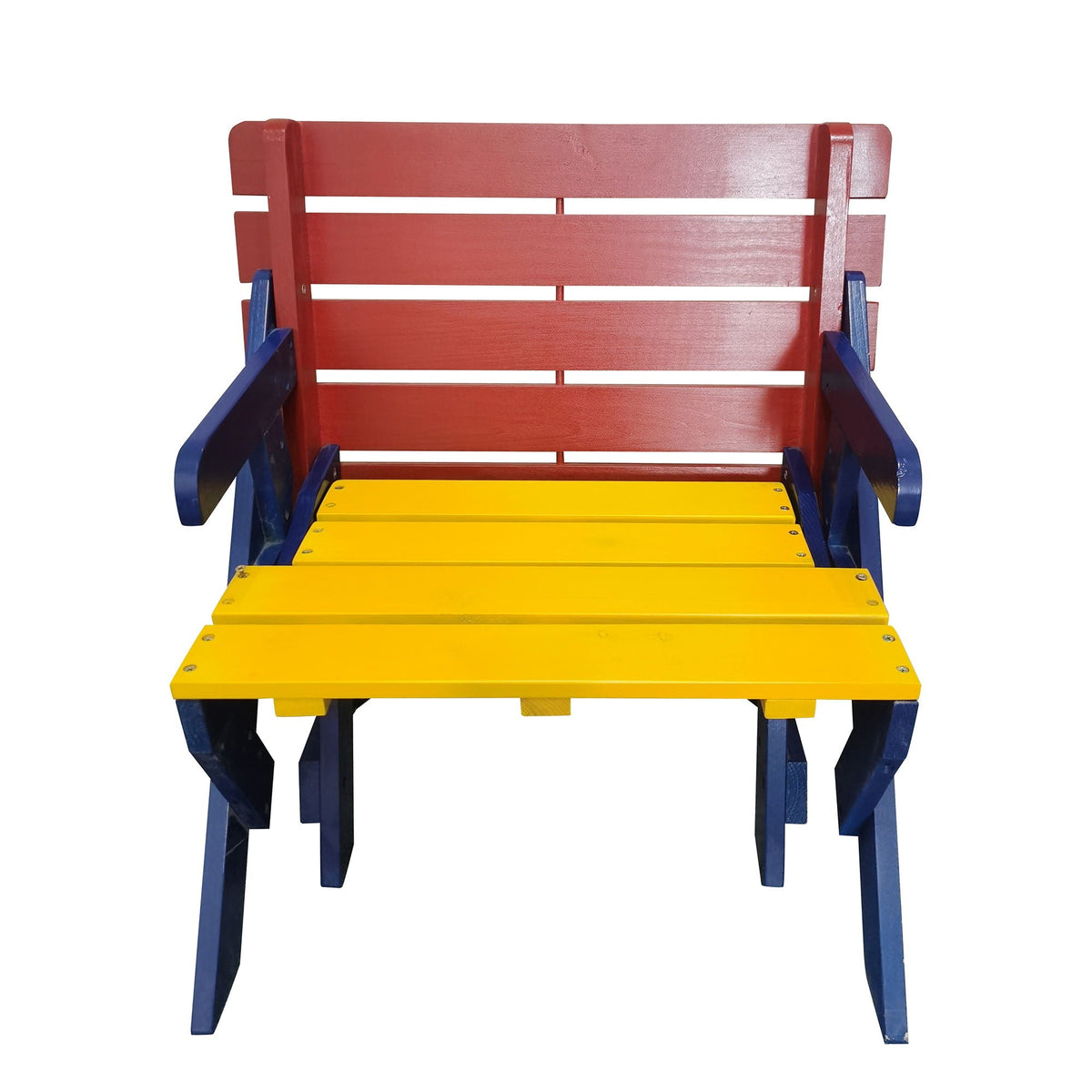 Solid wood kids outdoor 3-piece set with red benches, blue frame, and yellow table top on Tampa Home & Garden Store