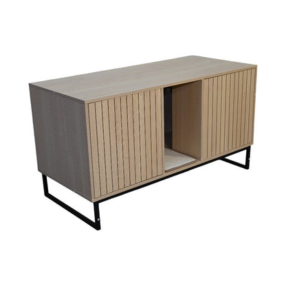 Modern wooden cat house with scratching mat by HouseOfZazla, panels, black metal legs on Tampa Home & Garden Store