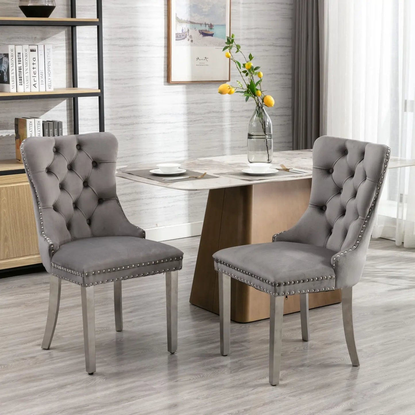 Nikki contemporary upholstered dining chair set of 2, gray tufted back with nailhead trim on Tampa Home & Garden Store