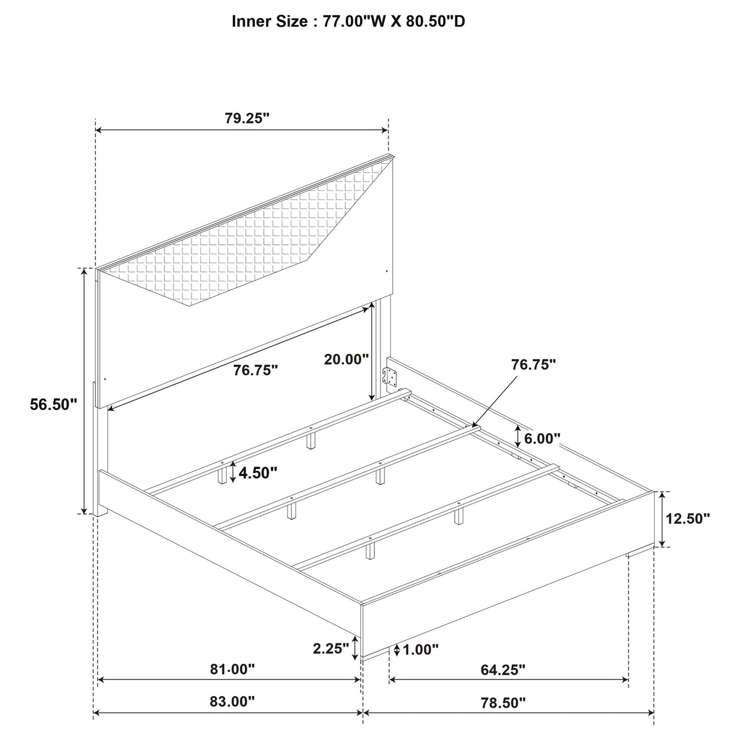 Pierce Panel Bed LED Headboard by HouseOfZazla blueprint of bed frame with inner 77W x 80.5D on Tampa Home & Garden Store