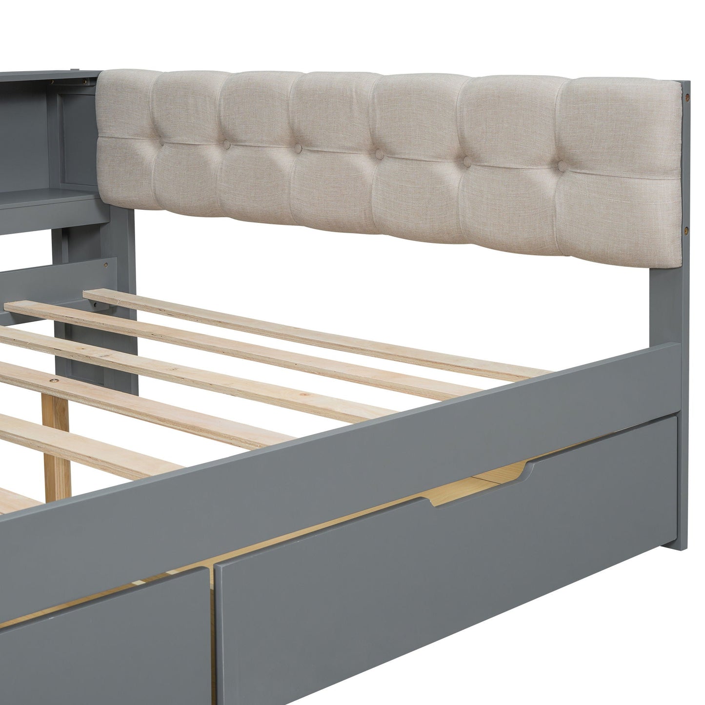 Upholstered beige tufted headboard platform bed with gray storage drawers and slatted wood base on Tampa Home & Garden Store