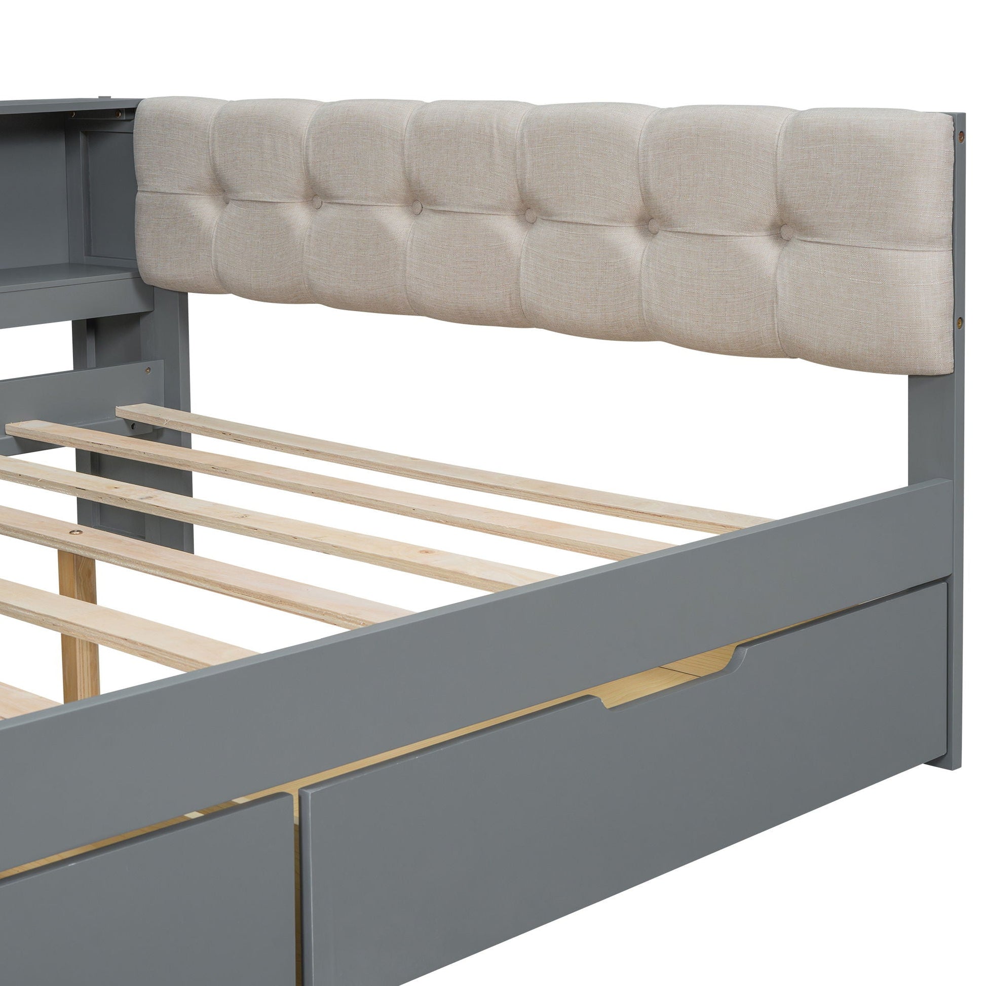 Upholstered beige tufted headboard platform bed with gray storage drawers and slatted wood base on Tampa Home & Garden Store