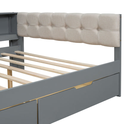Upholstered beige tufted headboard platform bed with gray storage drawers and slatted wood base on Tampa Home & Garden Store